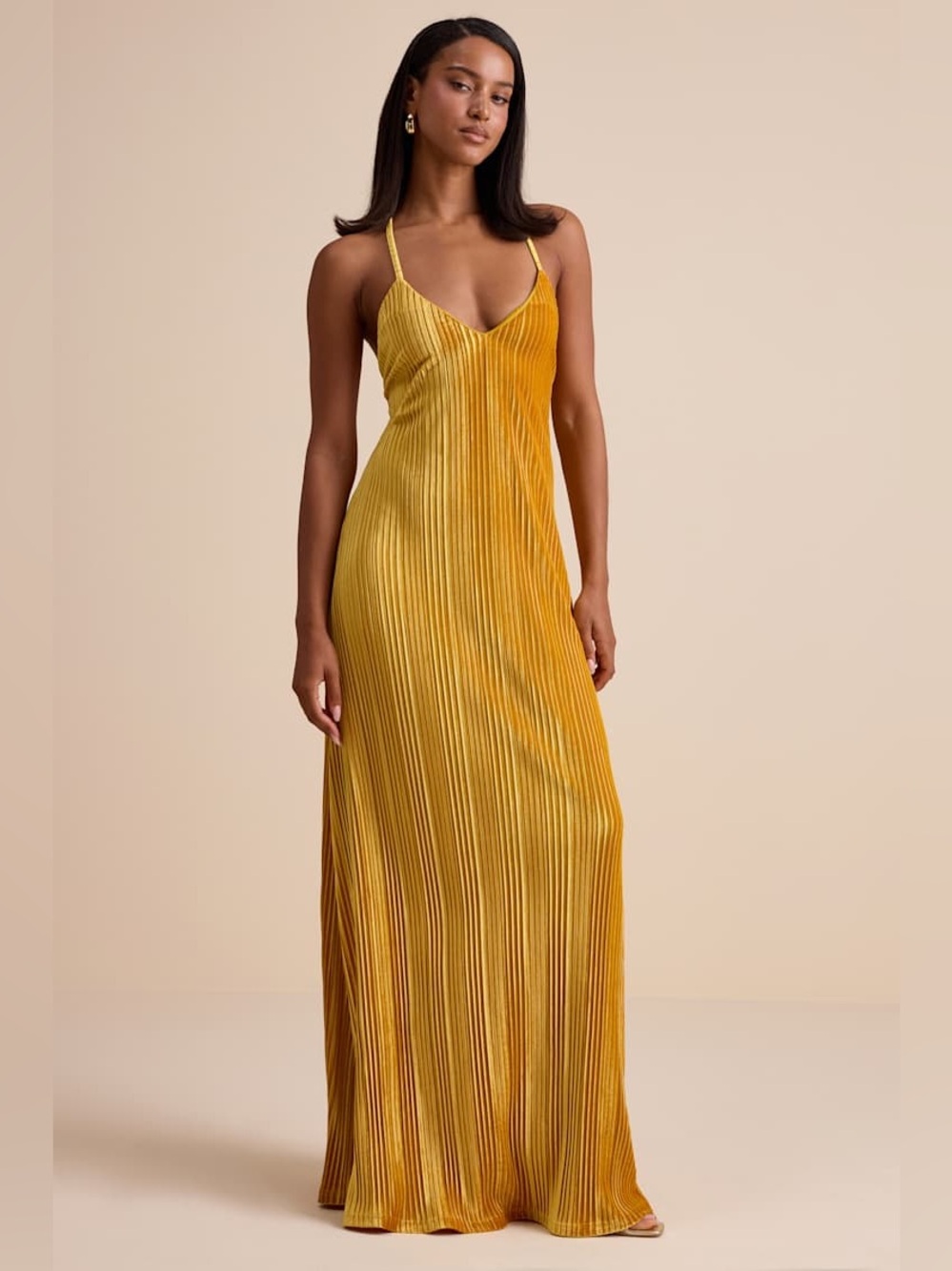 Lulus Kauri Golden Yellow Velvet Pleated Backless Maxi Dress XL
